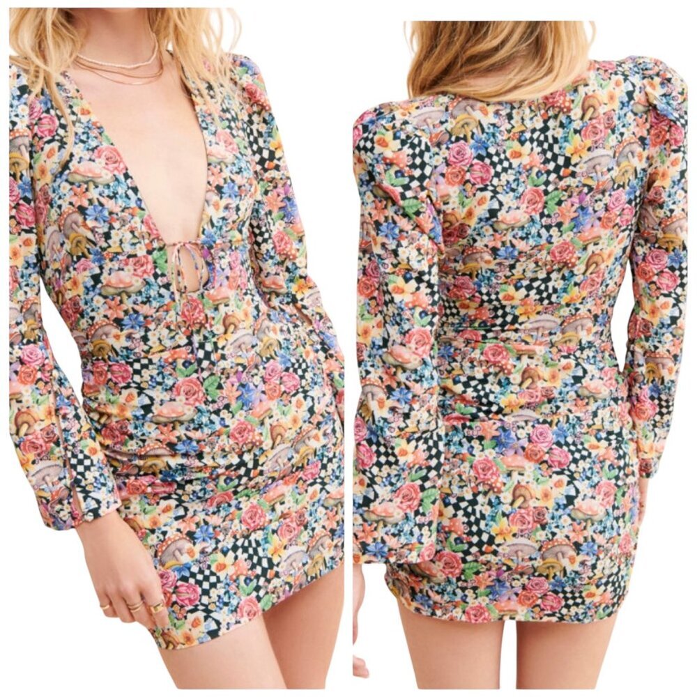 For Love & Lemons June Cape Mini Dress Mushroom Print M NWT